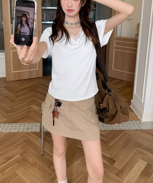 VネックTシャツ春夏 半袖トップス韓国風 レディース 半袖カットソー 着やせtシャツ大人可愛い おしゃれ夏服 カジュアルトップス フェミニントップス 無地 617SY-005